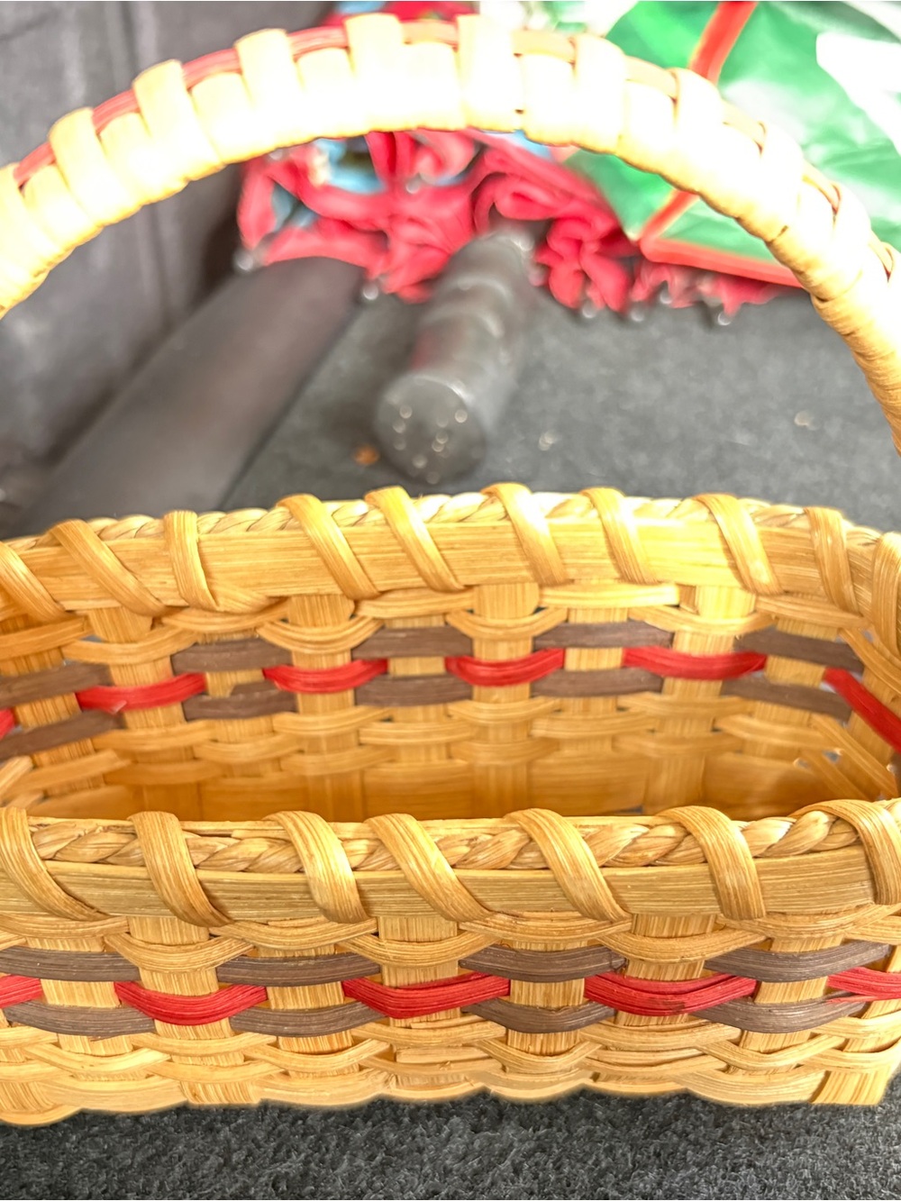 Handwoven Small Basket with Red and Brown Accents